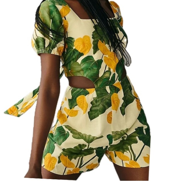 Farm Rio, Tropical Leaf Print Romper with cut out, Size L - Picture 1 of 16